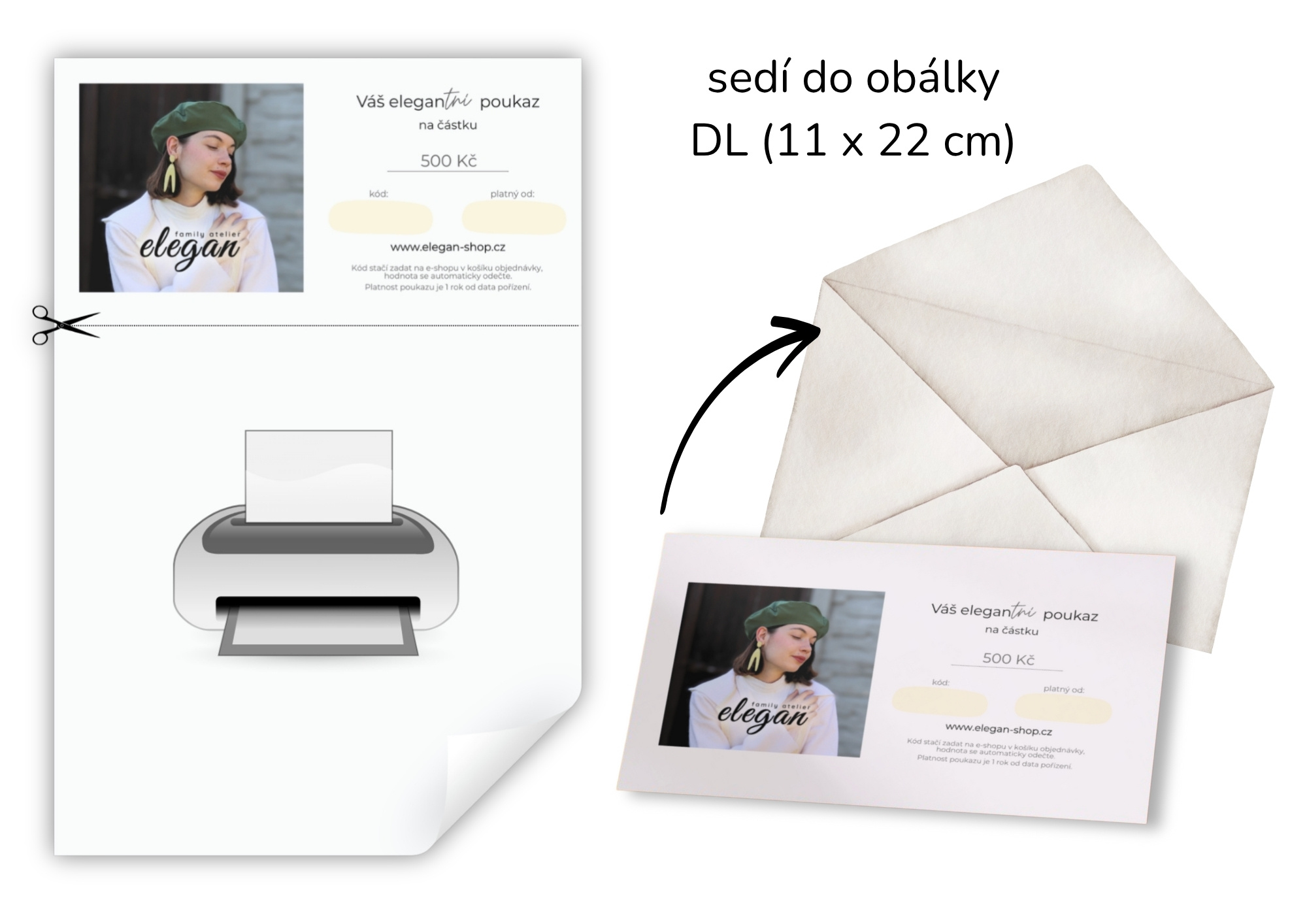 Dárkový elektronický poukaz od české značky Elegan lze vytisknout na domácí tiskárně na obyčejný papír a vleze se do obálky DL.